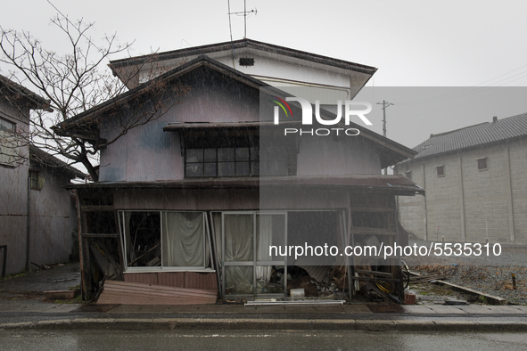 An abandoned house along the main street in Futaba, Fukushima prefecture at 10 March 2020.
 