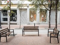 Empty bench in front of Stradivarius shop after the state of alarm imposed by the spanish government and measure of lockdown the population...