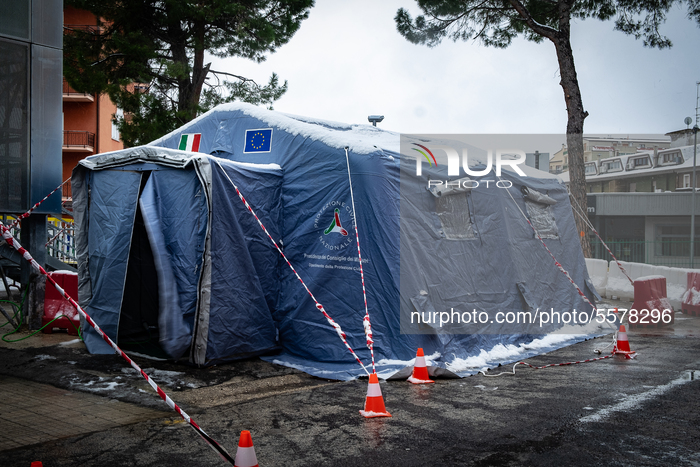 Snow on the pre-triage medical tent in front of the Renzetti hospital during coronavirus emergency in Lanciano, Abruzzo, Italy on 24 March 2...