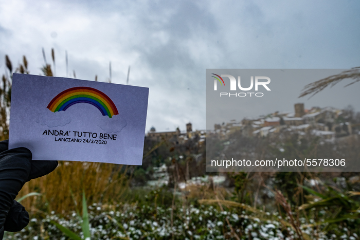 A drawing of a rainbow and the inscriptions 'Andra tutto bene' (Everything will be fine) is displayed on March 24, 2020, in Lanciano, Abruzz...