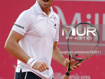 French tennis player Richard Gasquet celebrates winning a point during his Portugal Open semifinal tennis match with Spanish tennis player G...