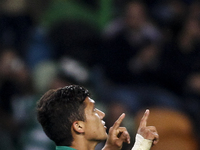 Sporting's Colombian forward Fredy Montero celebrates after scoring a goal during the Portuguese League football match between Sporting CP a...
