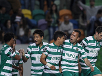 Sporting players celebrating the goal scored by Sporting's Colombian forward Fredy Montero (3rd R) during the Portuguese League football mat...
