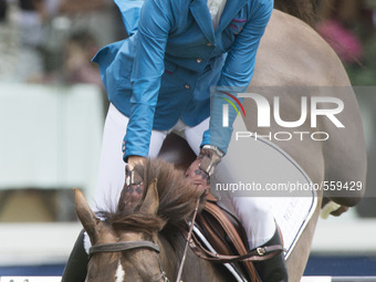 The Portuguese Luciana Diniz riding  during the first journey of the international horse jumps contest of madrid held at the campo villa's c...