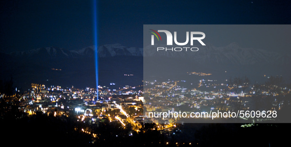 L'Aquila beams blue light into sky to mark 11th anniversary of 2009 L’Aquila Earthquake, on April 6, 2020, in L’Aquila, Italy. On each anniv...