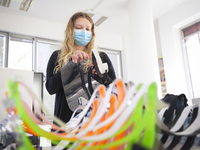 Kasia, 22 is seen assembling 3D printed protective masks in Warsaw, Poland on April 17, 2020. A group of 35 students, PhD students and profe...