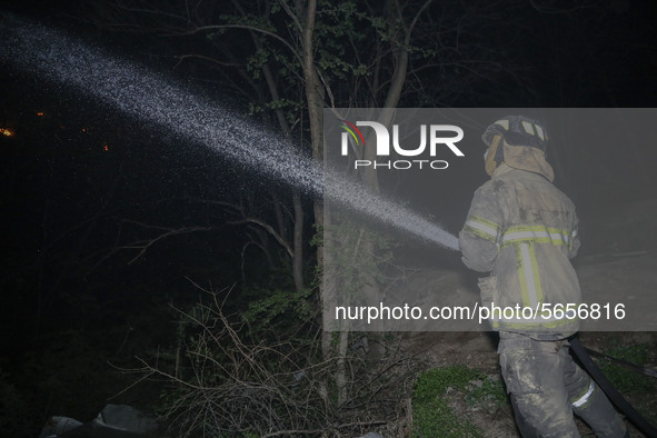 South Korean Fire fighters work to extinguish a blaze on a mountain in Andong, 268 kilometers southeast of Seoul, South Korea on April 26, 2...