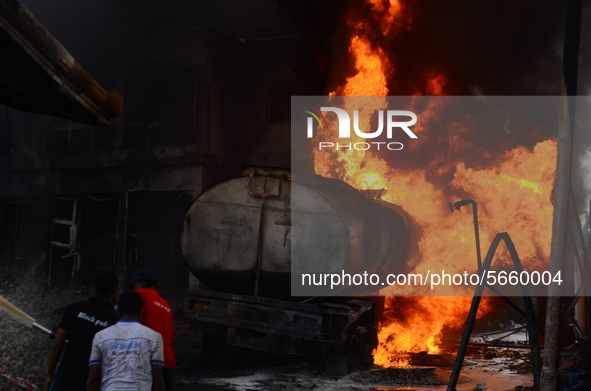 Scene of the fire outbreak at the Nigerian National Petroleum Corporation (NNPC) petrol station located along College road in the Ogba area...