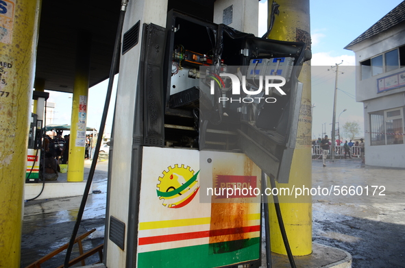 Damaged fuel pump during a fire outbreak at the Nigerian National Petroleum Corporation (NNPC) petrol station located along College road in...