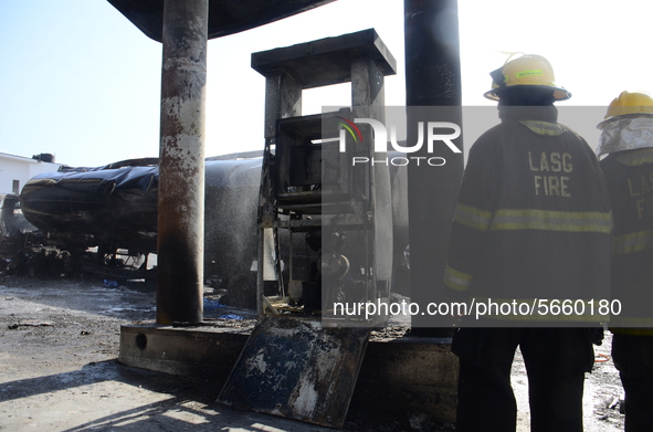 Damaged fuel pump during a fire outbreak at the Nigerian National Petroleum Corporation (NNPC) petrol station located along College road in...