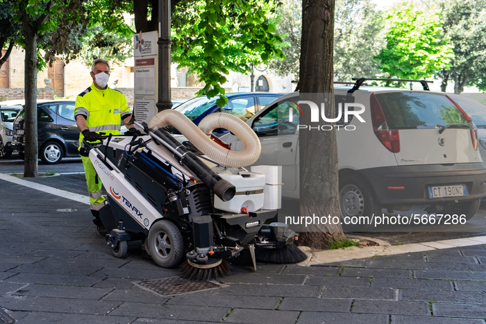 cleaning the streets of the Ecolan company in Lanciano, Italy, on April 30, 2020 during the coronavirus emergency (Photo by Federica Roselli...