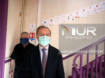 JL Moudenc, mayor of Toulouse visits a school with a face mask. Toulouse has begun to disinfect its schools for the reopening of schools fro...
