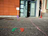 Teachers draw lines on the ground for pupils to respect social distancing  in Toulouse, France on May 6, 2020.  Toulouse has begun to disinf...