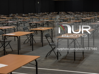 An empty exam hall for the students in Ghent-Belgium on 25 May 2020.As of May 25, Hogeschool Ghent will start with exams in hall 8 of Flande...
