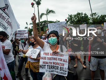 Activists join a protest against the Anti-Terror Bill on June 12, 2020 at the University of the Philippines in Quezon City, Philippines. Des...