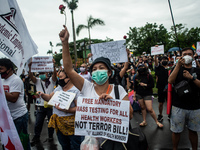 Activists join a protest against the Anti-Terror Bill on June 12, 2020 at the University of the Philippines in Quezon City, Philippines. Des...