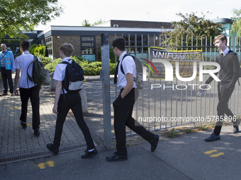   Year 10 pupils enter the school. Ortu Gable Hall School in Corringham, Essex return after a long break due to the COVID-19 pandemic on Tue...