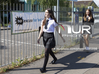  Year 10 pupils enter the school. Ortu Gable Hall School in Corringham, Essex return after a long break due to the COVID-19 pandemic on Tue...