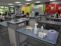  A Year 10 class with cleaning products . Ortu Gable Hall School in Corringham, Essex return after a long break due to the COVID-19 pandemic...