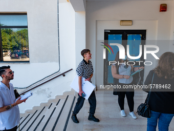 Students outside the school, immediately after the state exam in Molfetta at the Don Tonino Bello High School in Molfetta, Italy on June 18,...