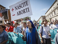 A nun holds a placard reading 'More births minus abortions' during the annual 'March for Life' in Rome, on 10 May 2015, to protest against a...