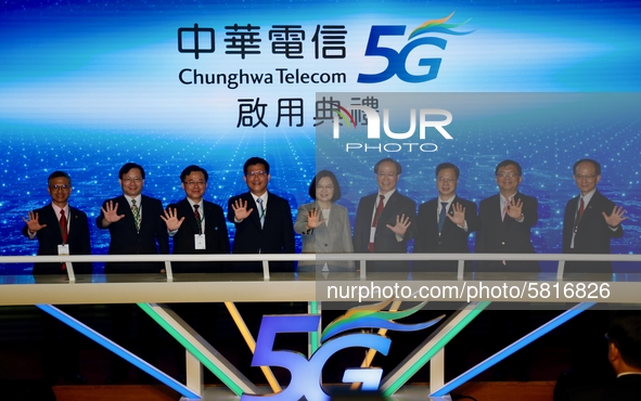 Attending a press conference revealing the 5G transmission establishment by the network provider Chunghwa Telecom, Tsai Ing-wen, President o...