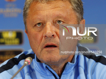 Dnipro head coach Myron Markevych answers questions of journalists during a press conference in Kiev, Ukraine, 13 May 2015. Dnipro will face...