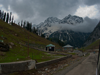 ZOJILA, INDIAN ADMINISTERED KASHMIR, INDIA - MAY 13: A view of hutments on the snow-cleared Srinagar-Leh highway on a treacherous pass  afte...