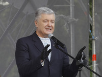 Former Ukrainian President and the leader of 'European Solidarity' party Petro Poroshenko speaks during a rally in support Ukrainian languag...