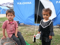 Two children who have lost their house and now leaving in a makeshift camp near Kathmandu, Nepal May 8 2015 (