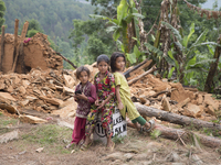 SINDHUPALCHOK, NEPAL-- May 15, 2015- Girls at a roadside village in the severely earthquake affected region of Sindhupalchok, where some vil...