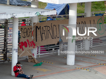 Students of the National University of Colombia 'Universidad Nacional de Colombia' in Bogota protest by setting a campsite inside campus for...