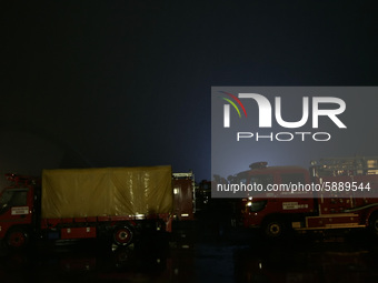 March 16, 2011-Sendai, Japan-Night view of international rescue camp at Miyagi sports complex parking lot in Sendai on March 16, 2011, Japan...