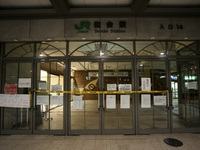 March 16, 2011-Sendai, Japan-Railway Station entrance blockade continue after shock and crack at station in  Sendai on March 16, 2011, Japan...