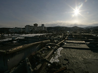 March 17, 2011-Sanriku Minami, Japan-View of Tsunami hit destroyed city in Sanriku Minami on March 17, 2011, Japan.  On 11 March 2011, an ea...