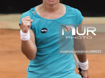 Carla Suarez Navarro of Spain celebrates victory in her Women's Semi Final against Simona Halep of Romania on Day Seven of The Internazional...