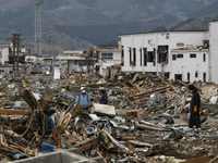 March 21, 2011-Ofunato, Japan-Native Survivor collect scrap iron on debris and mud covered at Tsunami hit Destroyed Industrial Area in Ofuna...