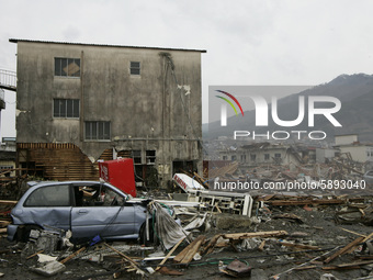 March 21, 2011-Ofunato, Japan-A View of debris and mud covered at Tsunami hit Destroyed Industrial Area in Ofunato on March 21, 2011, Japan....
