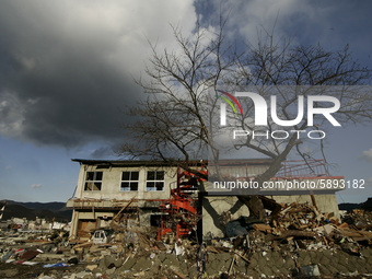 March 23, 2011-Ofunato, Japan-A View of debris and mud covered at Tsunami hit Destroyed Industrial Area in Ofunato on March 23, 2011, Japan....