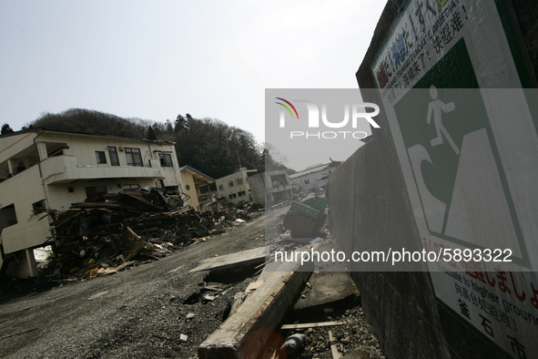 March 25, 2011-Kamaishi, Japan-A View of debris and mud covered at Tsunami hit Destroyed mine town in Kamaishi on March 25, 2011, Japan.  On...
