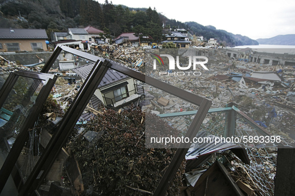 March 25, 2011-Kojirahama, Japan-A View of debris and mud covered at Tsunami hit Destroyed fishing village in Kojirahama on March 25, 2011,...