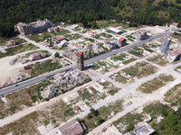 An aerial view of buildings which collapsed with the powerful earthquake in the municipality of Amatrice, Italy, on July 31 2020.  Central I...