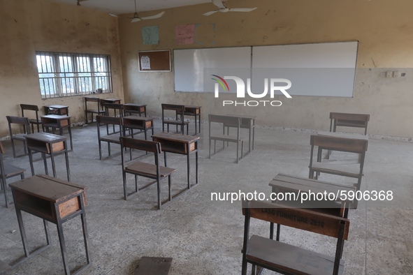Students’ chairs and desks are arranged in order to maintain social distancing at Agidingbi Senior Grammar School, Ikeja, Lagos, Nigeria as...