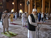 Kashmiri muslims offer prayers while maintaining social distance inside Kashmirs grand mosque Jamia Masjid in Srinagar, Indian Administered...
