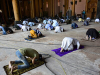 Kashmiri muslims offer prayers while maintaining social distance inside Kashmirs grand mosque Jamia Masjid in Srinagar, Indian Administered...