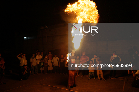 Indonesian muslims held a fire attraction during the Islamic New Year 1442 Hijriyah (Islamic calendar) celebration in South Tangerang city,...
