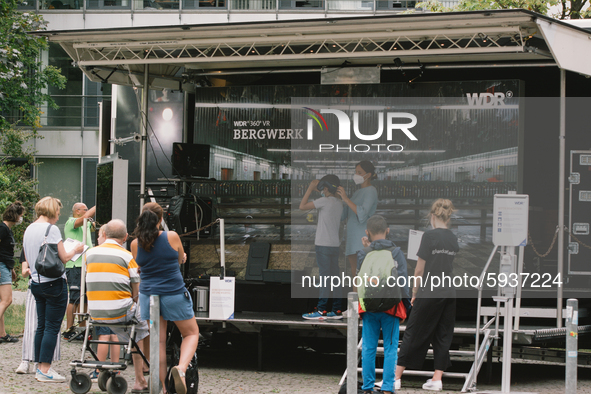 visitors experience mining VR simulation at Places-Visual reality festival in Gelsenkirchen, Germany, on August 21, 2020.  
