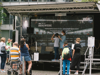 visitors experience mining VR simulation at Places-Visual reality festival in Gelsenkirchen, Germany, on August 21, 2020.  (