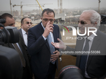 Egyptian Minister of Antiquities Mohamed Ibrahim talks during press conference in front of the construction site of the Grand Egyptian Museu...