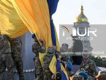 Rehearsal of  the ceremony of rising the giant state flag of Ukraine the night before the National Flag Day celebrations in Kyiv, Ukraine, 2...
